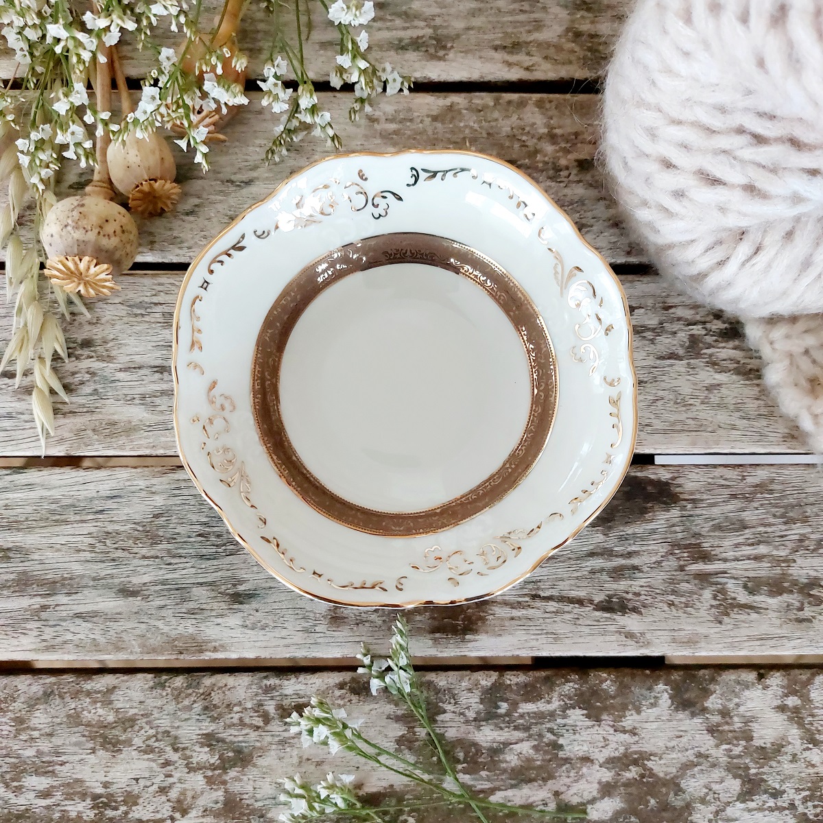 BERNADOTTE IVORY miska kompotová 13 cm, slonová kost a zlato, Thun 1794