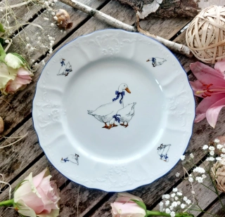 BERNADOTTE talíř mělký 25 cm, husy a modrá linka, Thun 1794