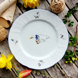 BERNADOTTE talíř mělký 25 cm, husy a tmavě modrá linka, Thun 1794